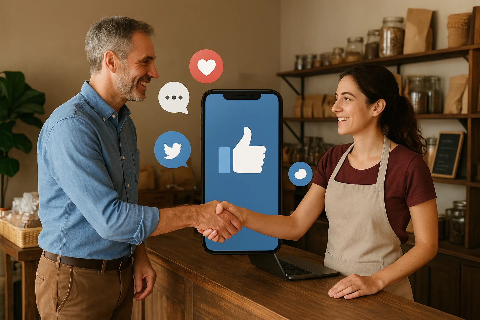Pequeño negocio local atendiendo a cliente satisfecho con móvil en mano mostrando redes sociales