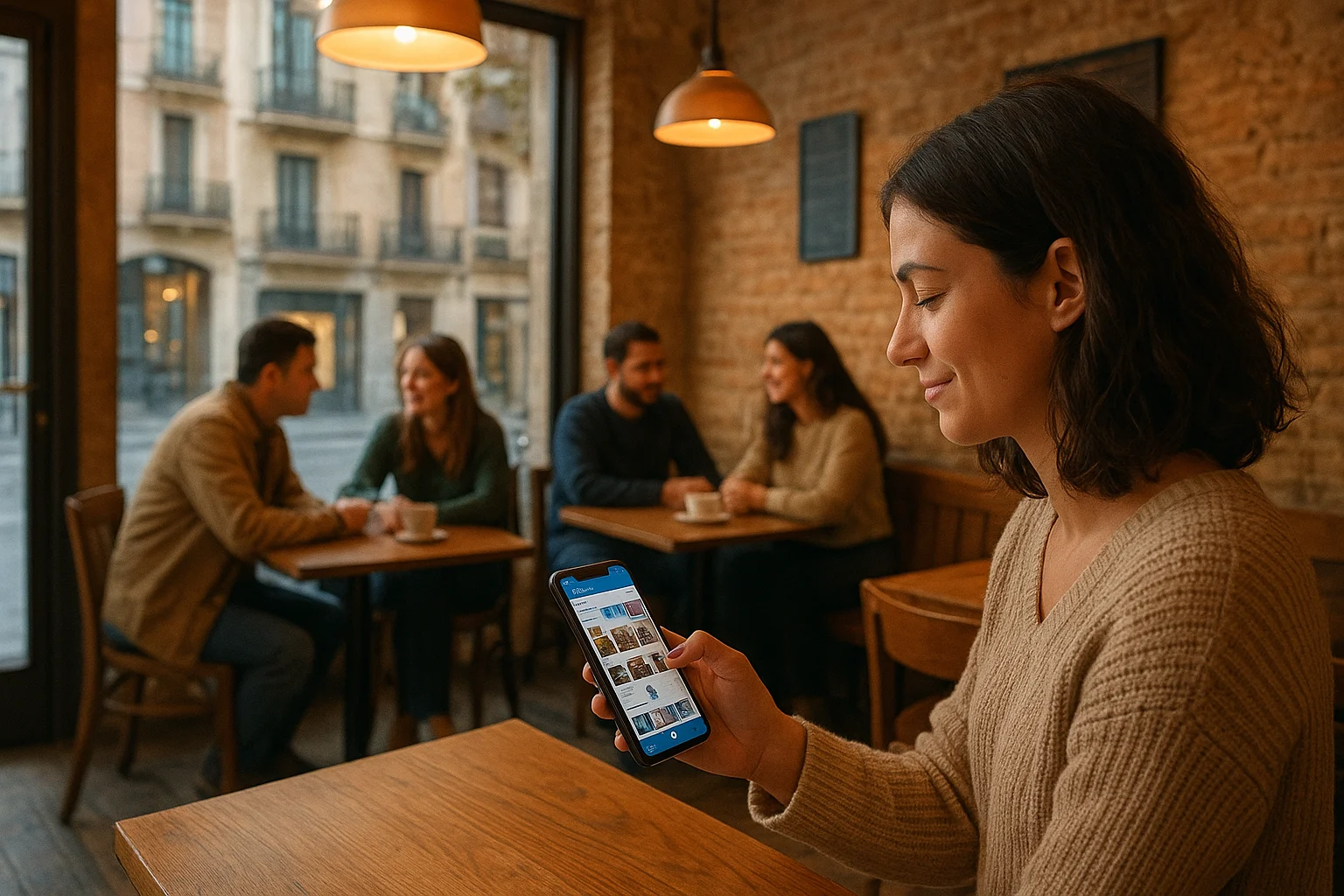 Pequeña cafetería local con interacción social y presencia digital