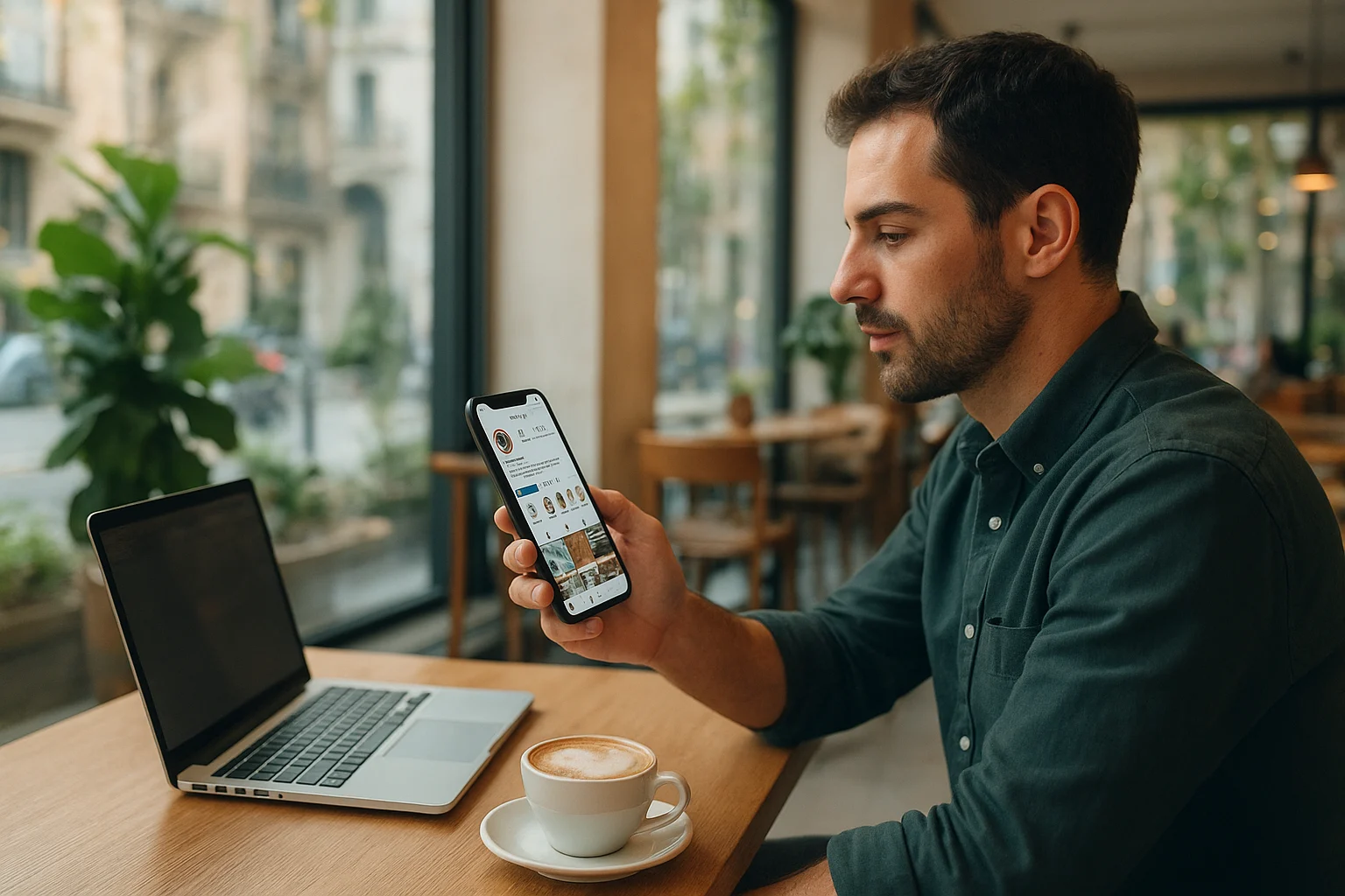 Persona gestionando cuenta de Instagram en móvil desde una cafetería moderna