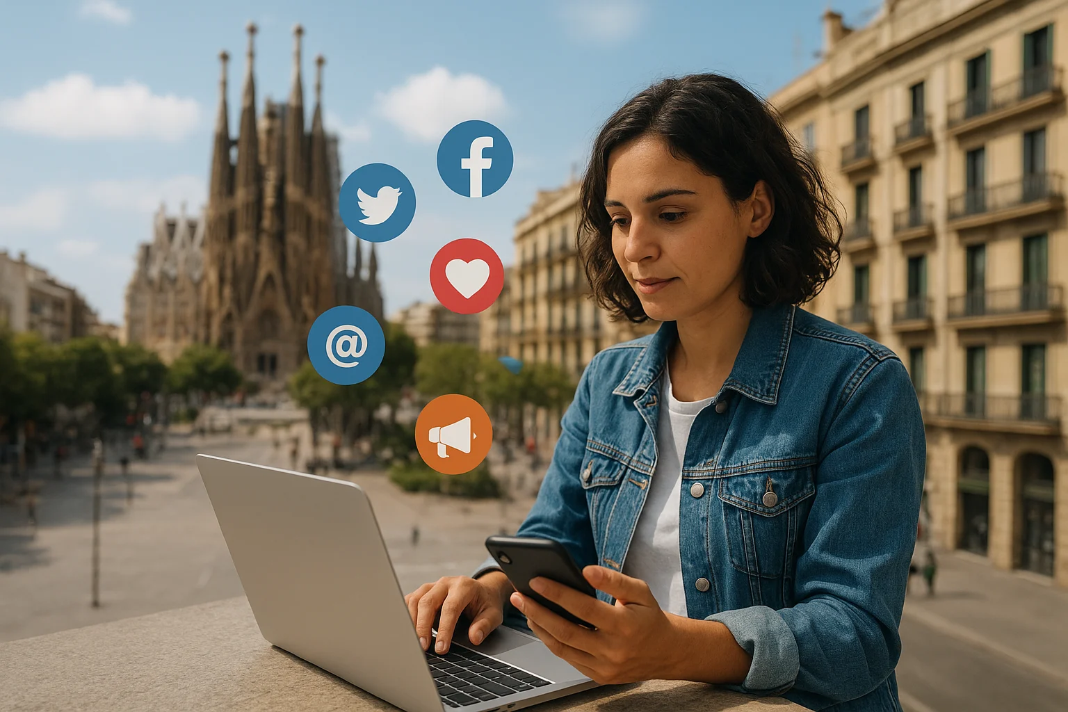 Persona gestionando redes sociales en portátil y móvil en Barcelona