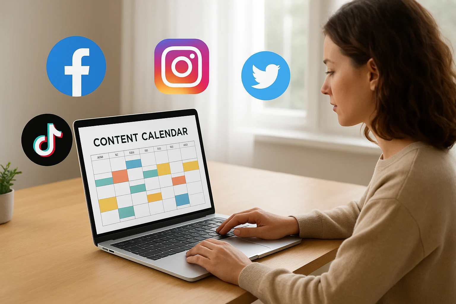 Persona planificando estrategia digital en ordenador con iconos de redes sociales