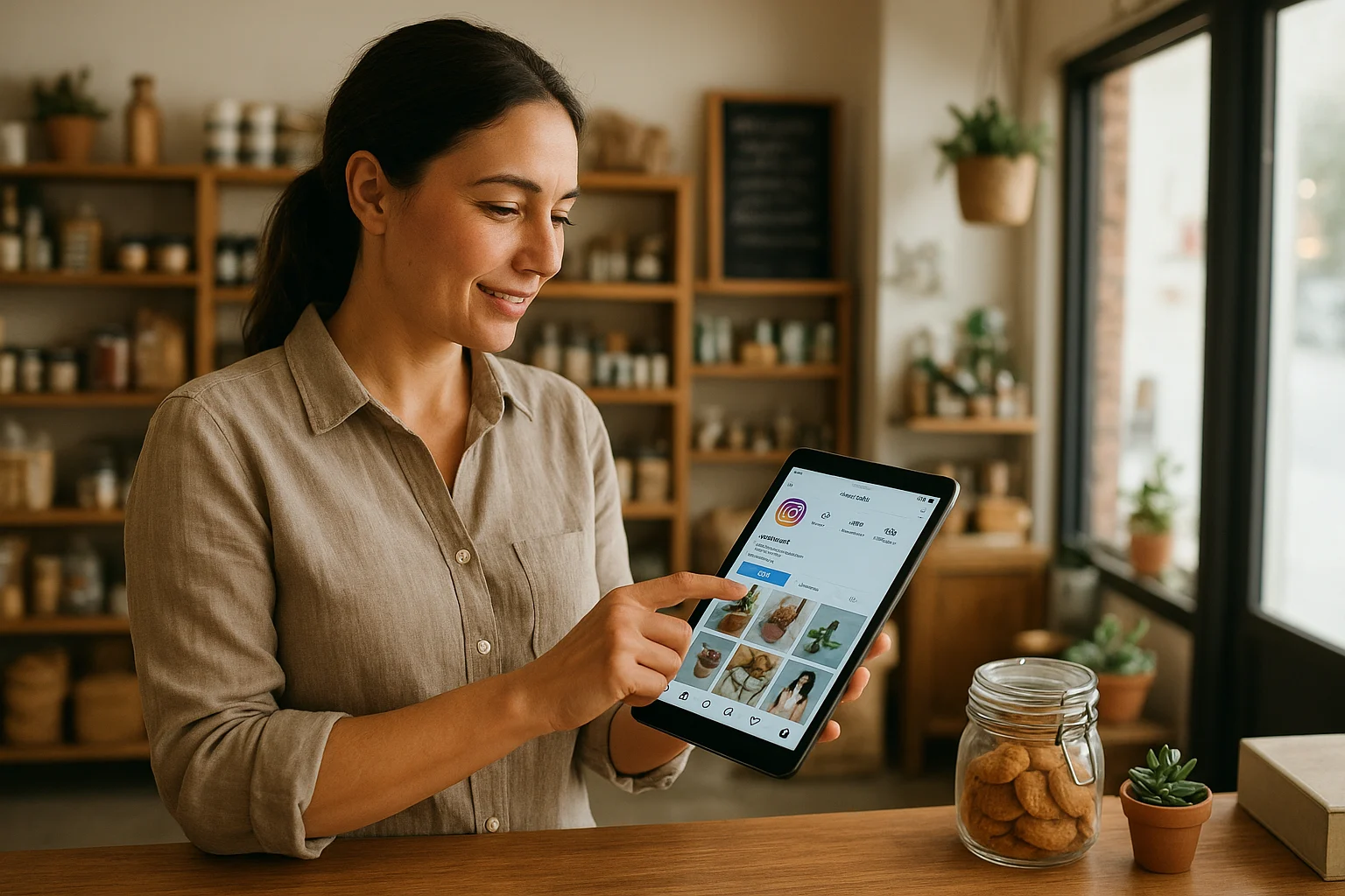 persona gestionando instagram en tablet en tienda local