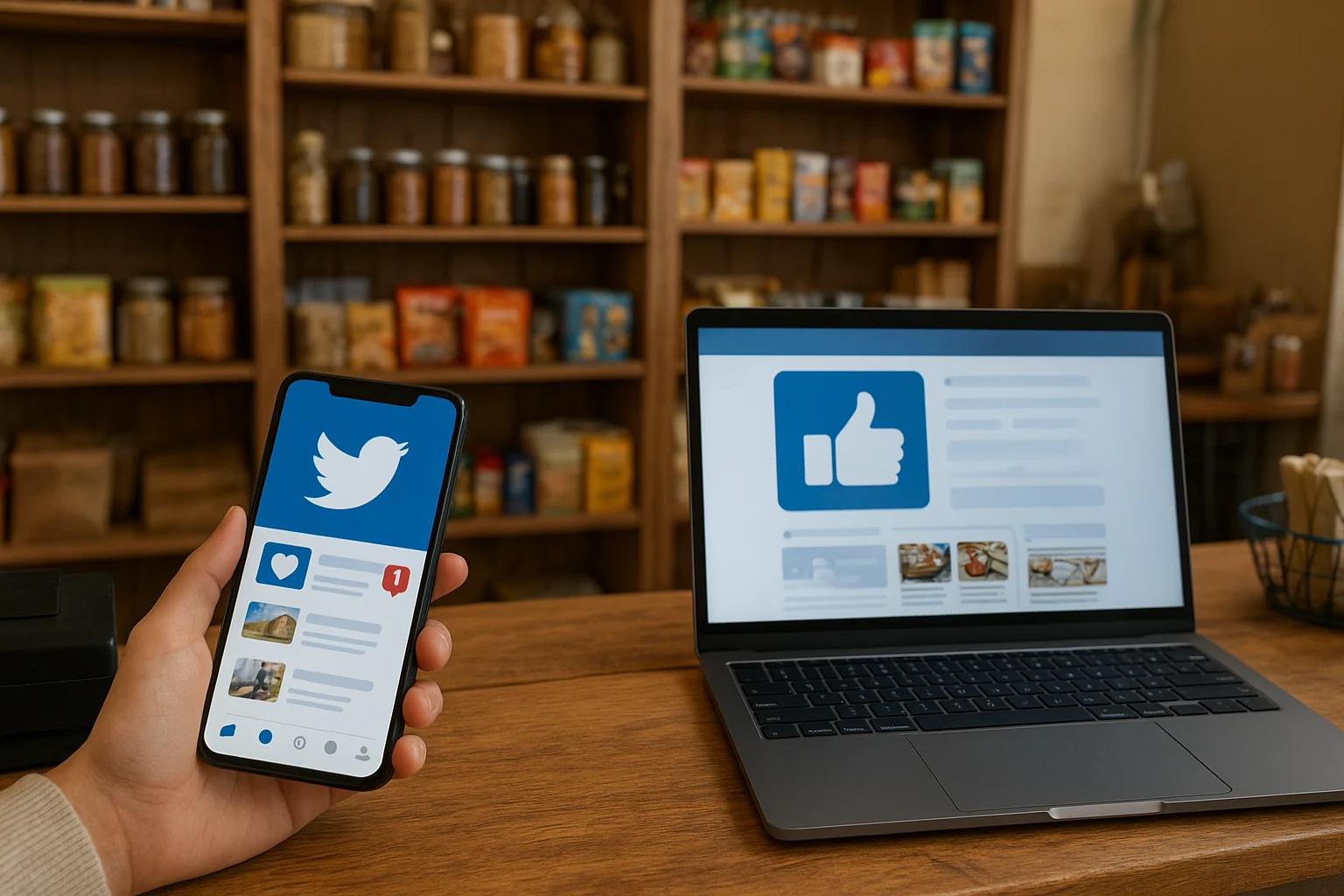 Negocio pequeño gestionando marketing digital en dispositivos electrónicos