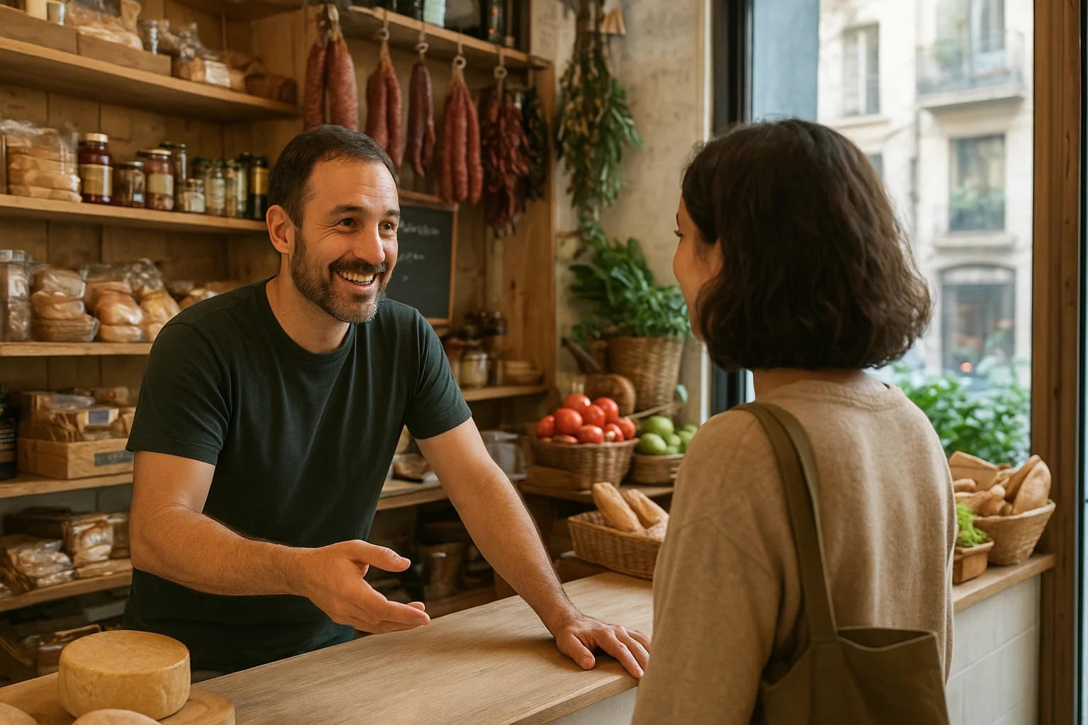 Tienda local atendiendo a cliente en Barcelona con ambiente auténtico y cercano