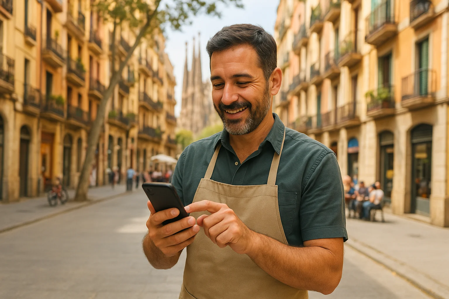 dueño de negocio local usando redes sociales para captar clientes en Barcelona