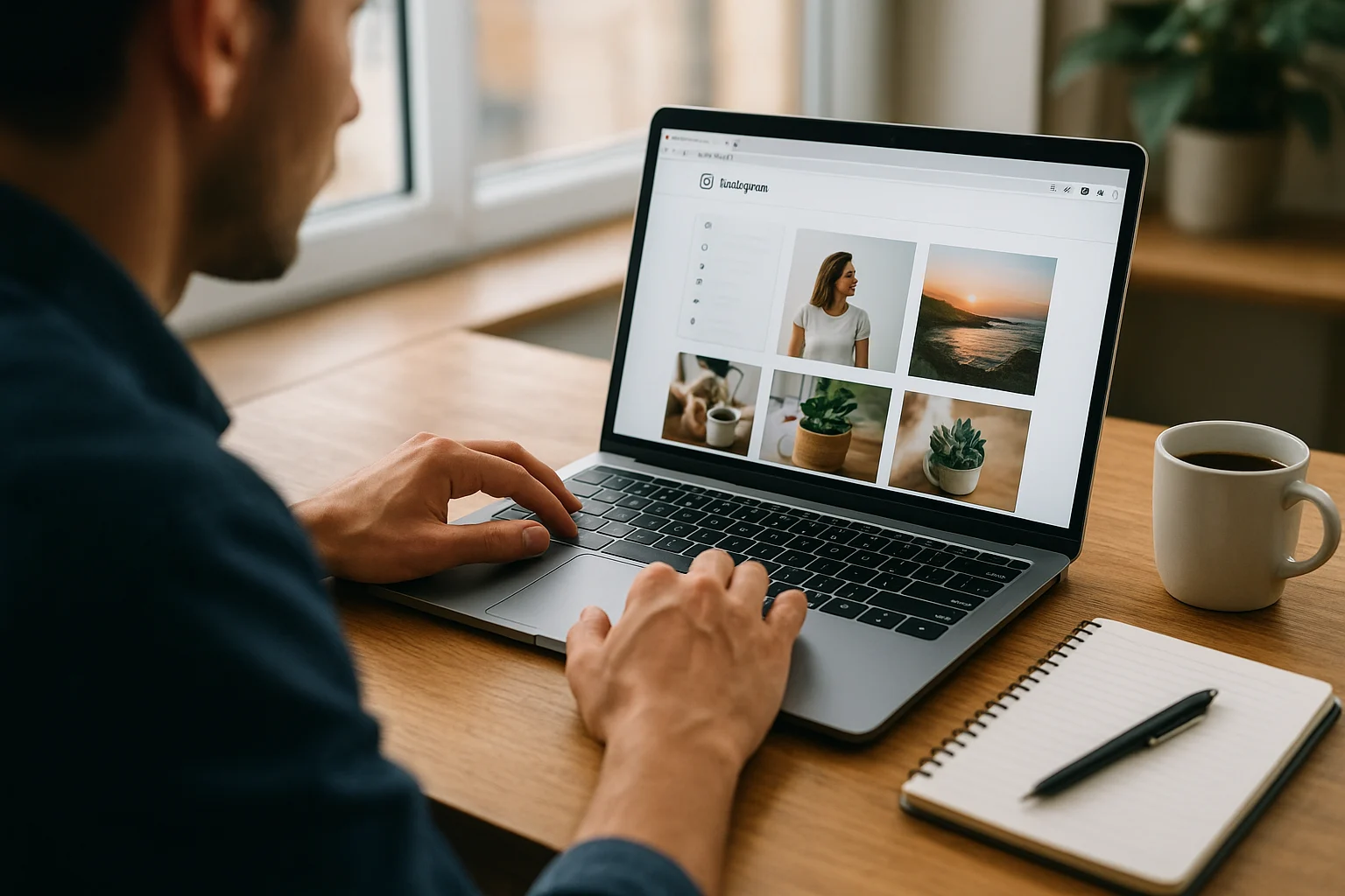 Persona trabajando con Instagram en portátil, espacio de trabajo moderno