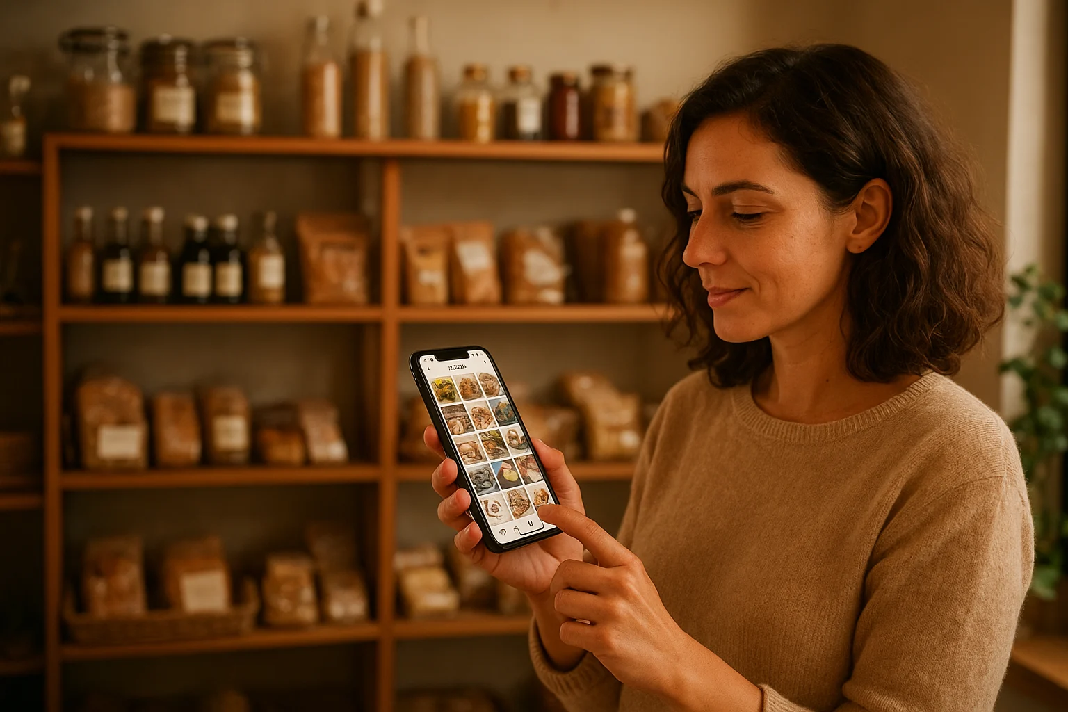 Dueña de negocio local gestionando Instagram desde móvil en Barcelona