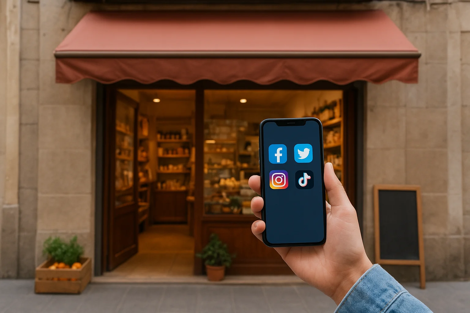 Tienda local en Barcelona gestionando redes sociales desde un móvil