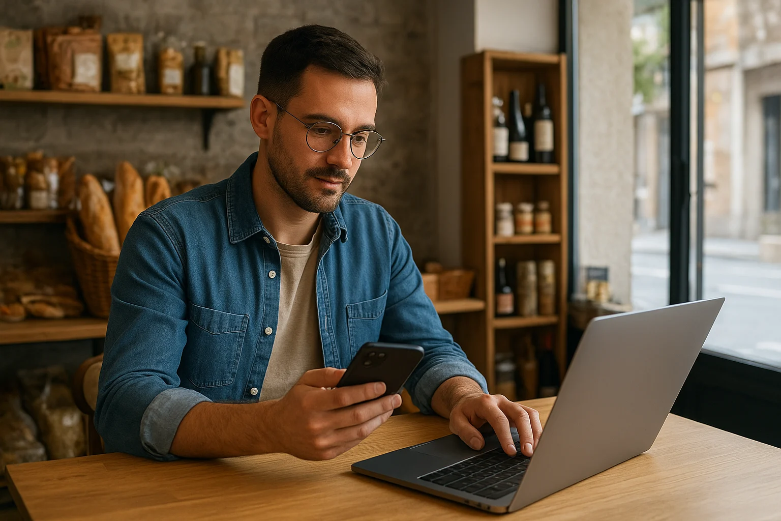 Persona gestionando redes sociales en una pequeña tienda local de Barcelona