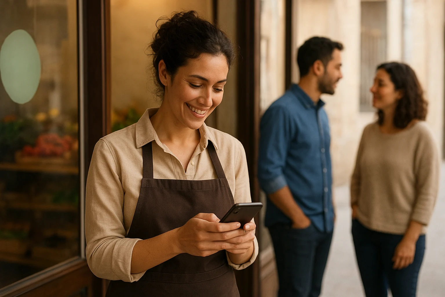 dueño de negocio local en Barcelona usando redes sociales para atraer clientes